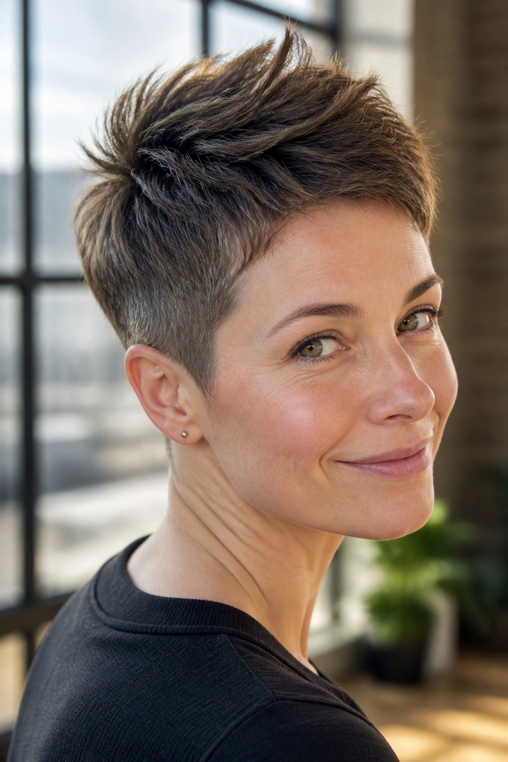 Portrait of a person with a tapered crop and lifted crown.