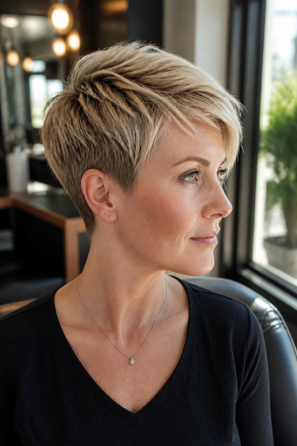 Real person with crown-volume tapered crop in blonde hair