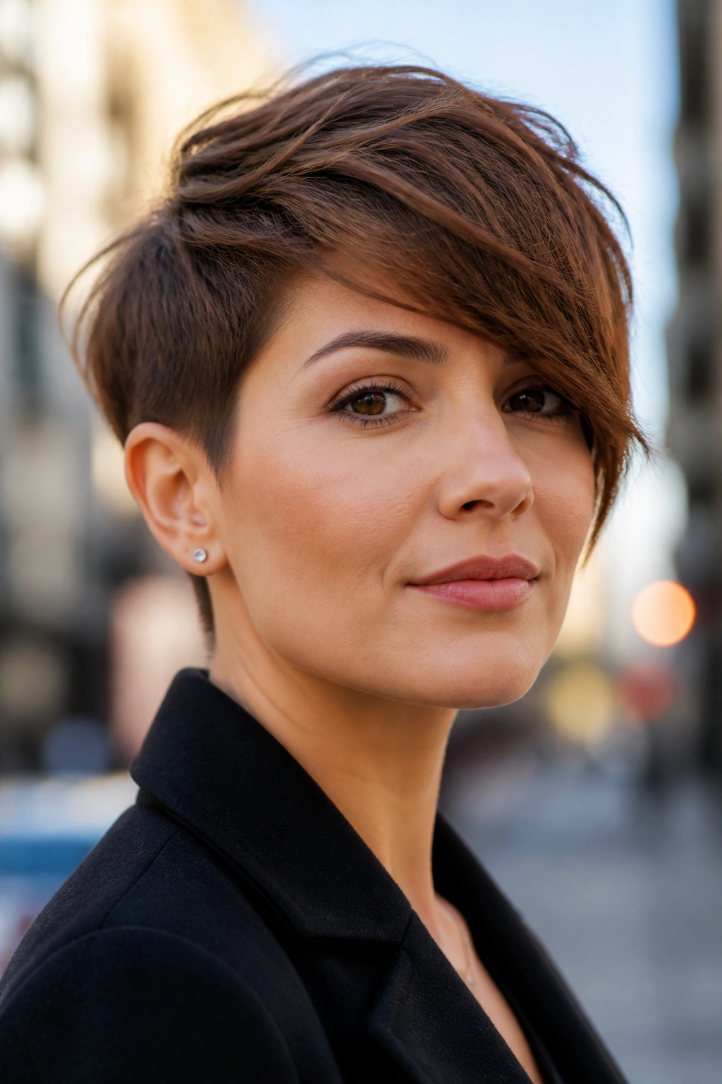Close-up of a woman with a tapered crop and long fringe, soft urban morning light.