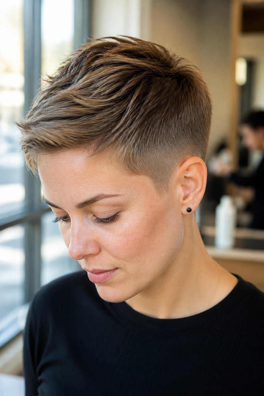 Close-up of real person with tapered crop haircut in bright salon light