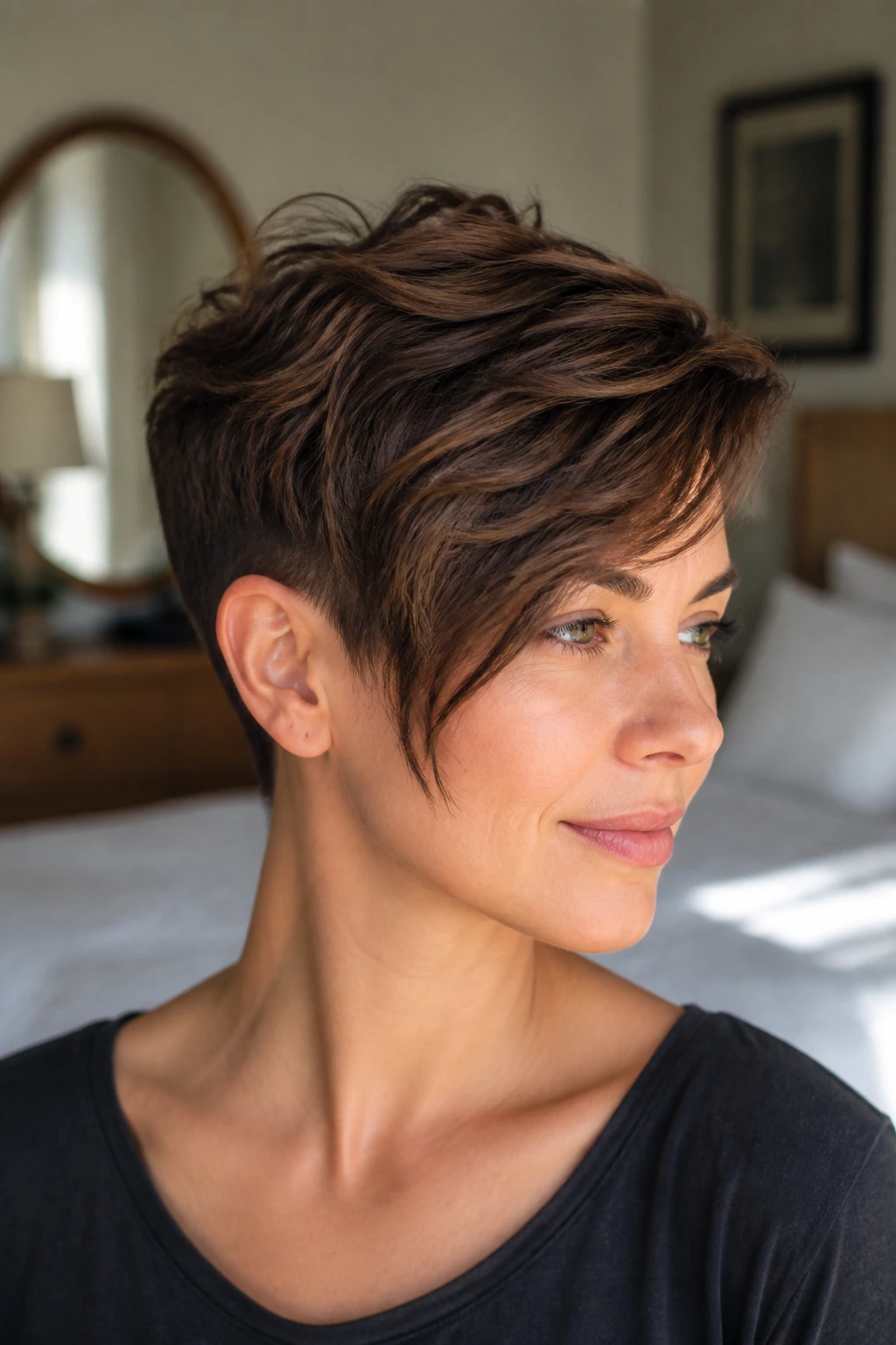 Close-up of a real woman with tapered crop and long side fringe