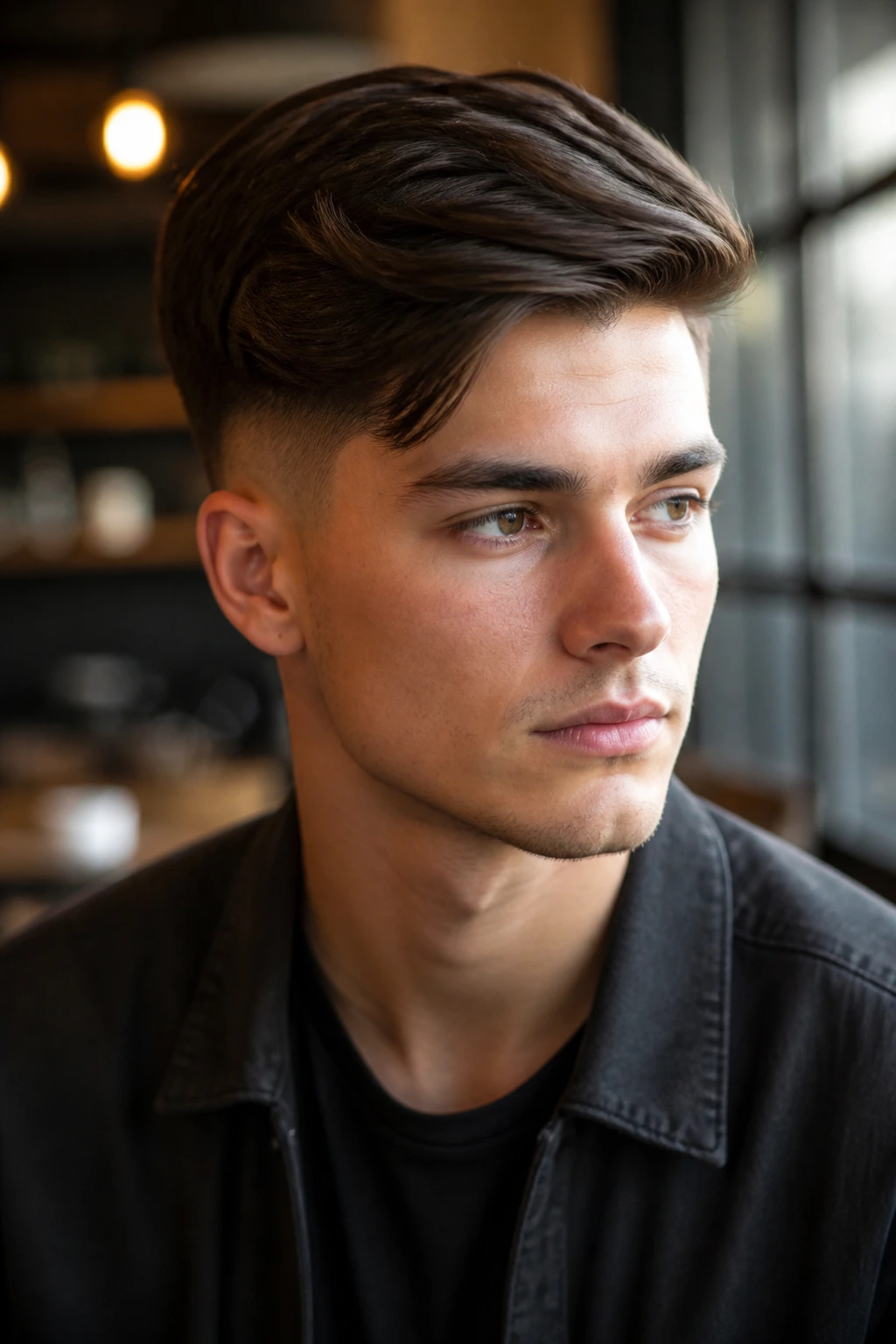 Close-up of a real person with a tapered crop and long top.