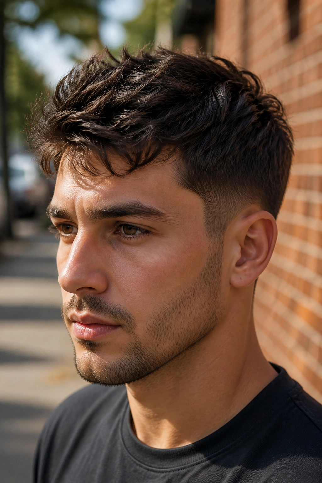 Portrait of a real person with a tapered crop and longer top outdoors.