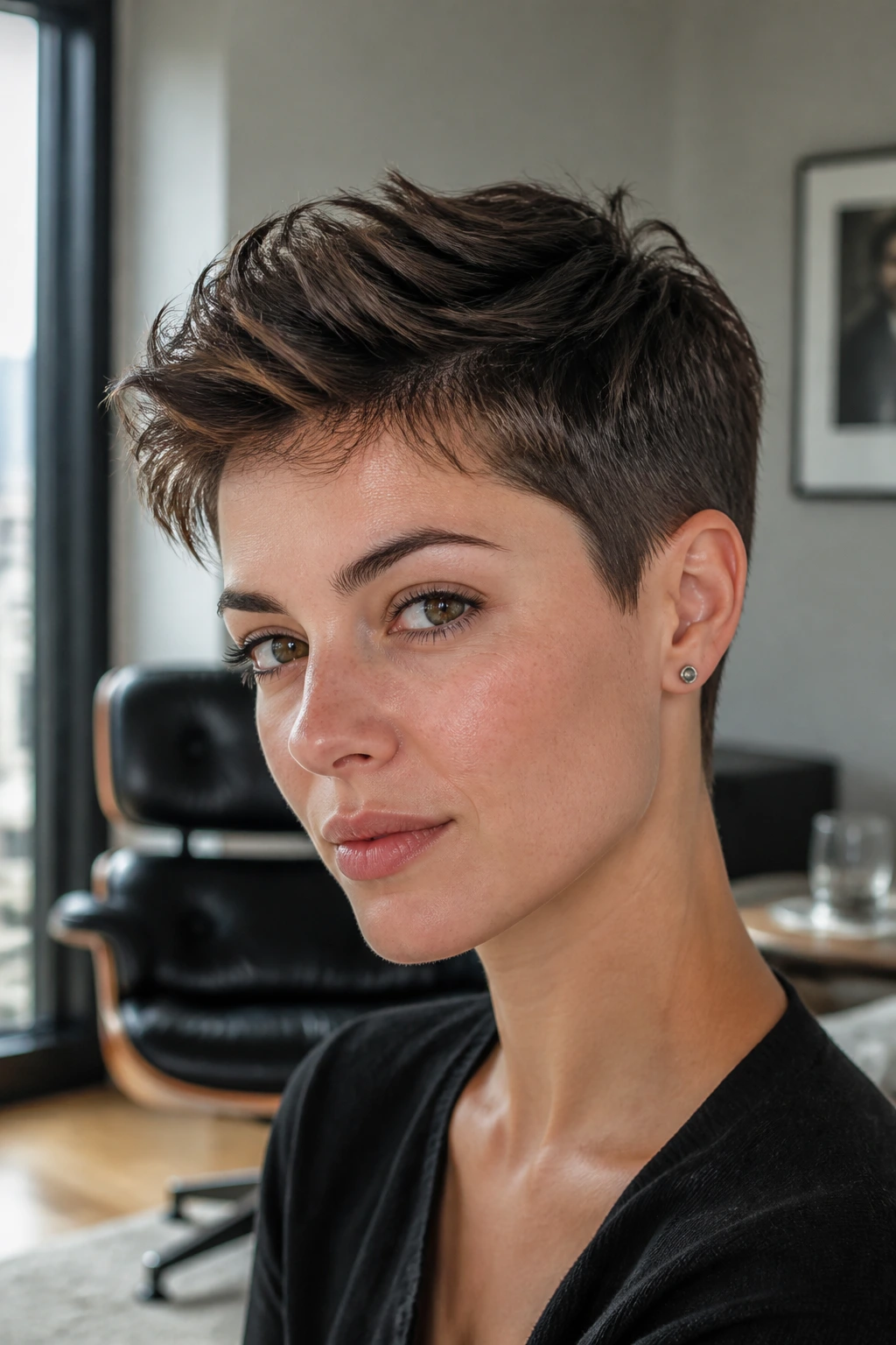 Real person with tapered crop and longer top under natural light