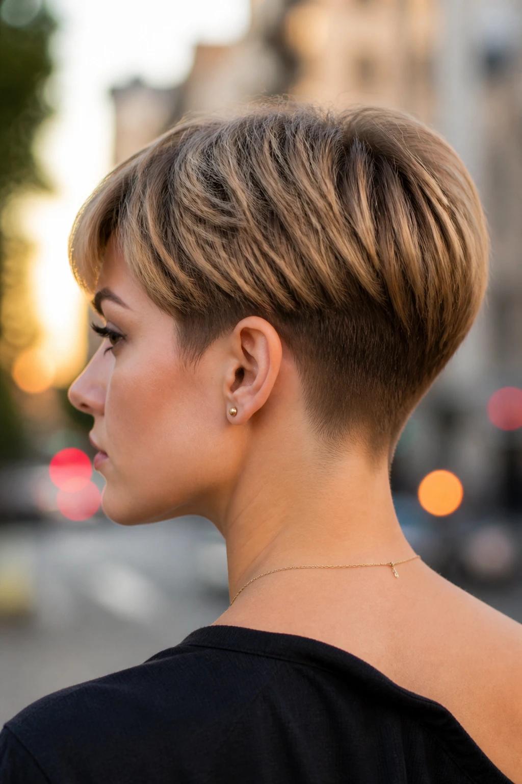 Close-up of a person with a tapered crop and visible nape detail