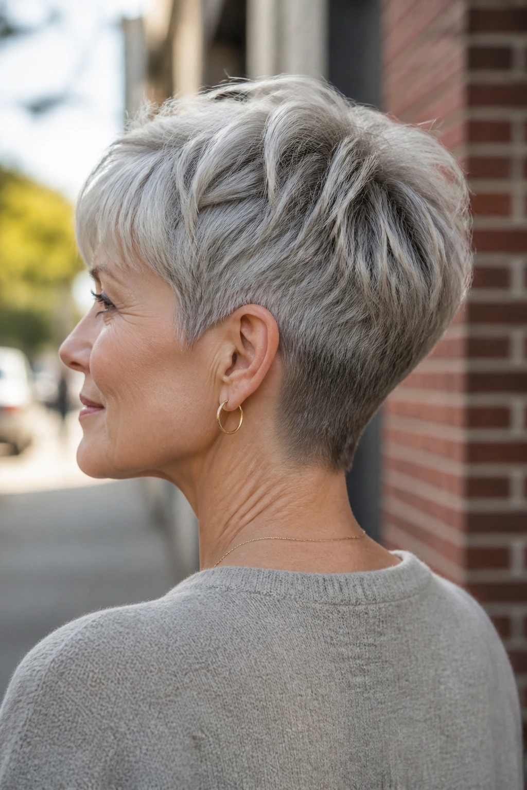 Real woman with tapered crop hairstyle, nape detail visible