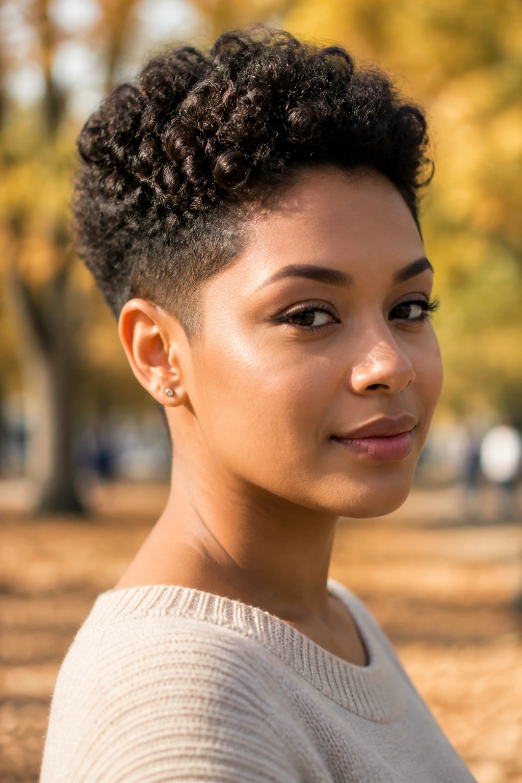 Close-up portrait of a real woman with a tapered crop for natural curls