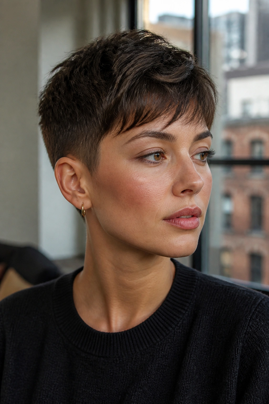 Close-up portrait of a real person with tapered crop and textured top in urban setting