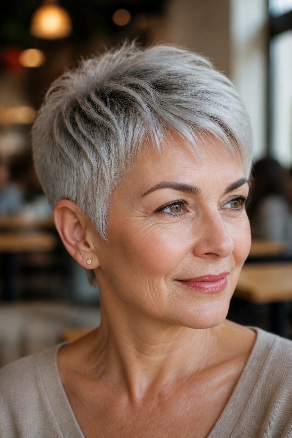Close-up of a real woman with a tapered crop hairstyle in a warm cafe setting