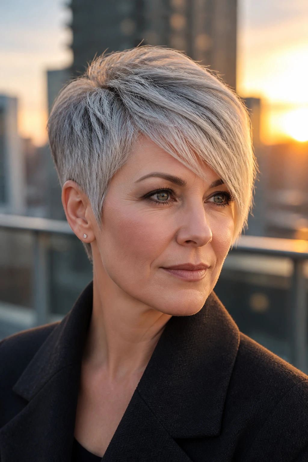 Close-up of a real person with a short tapered crop and side fringe in grey.