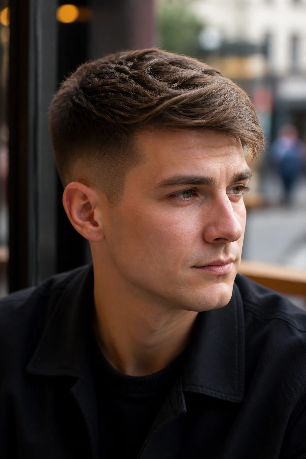 Close-up portrait of a real person with a tapered crop and side sweep.