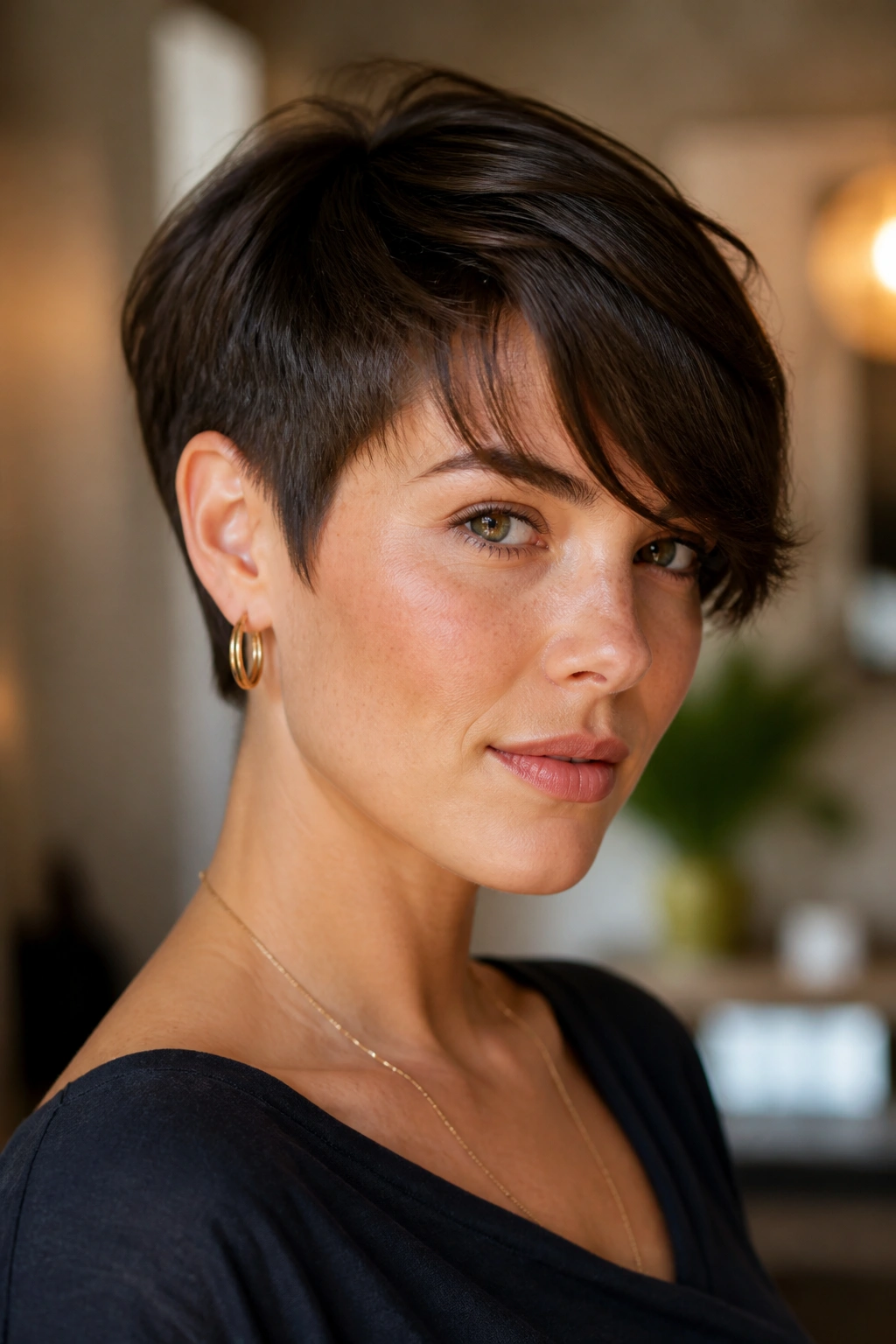 Close-up of a real person with a tapered crop and side-swept fringe.