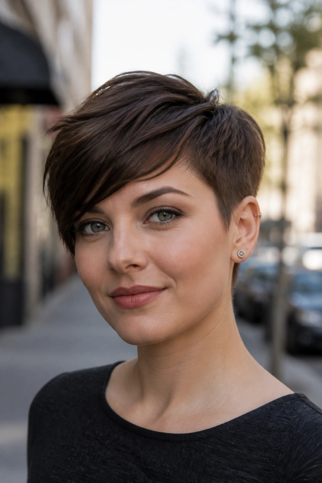 Close-up of a real person with a tapered crop and side-swept fringe