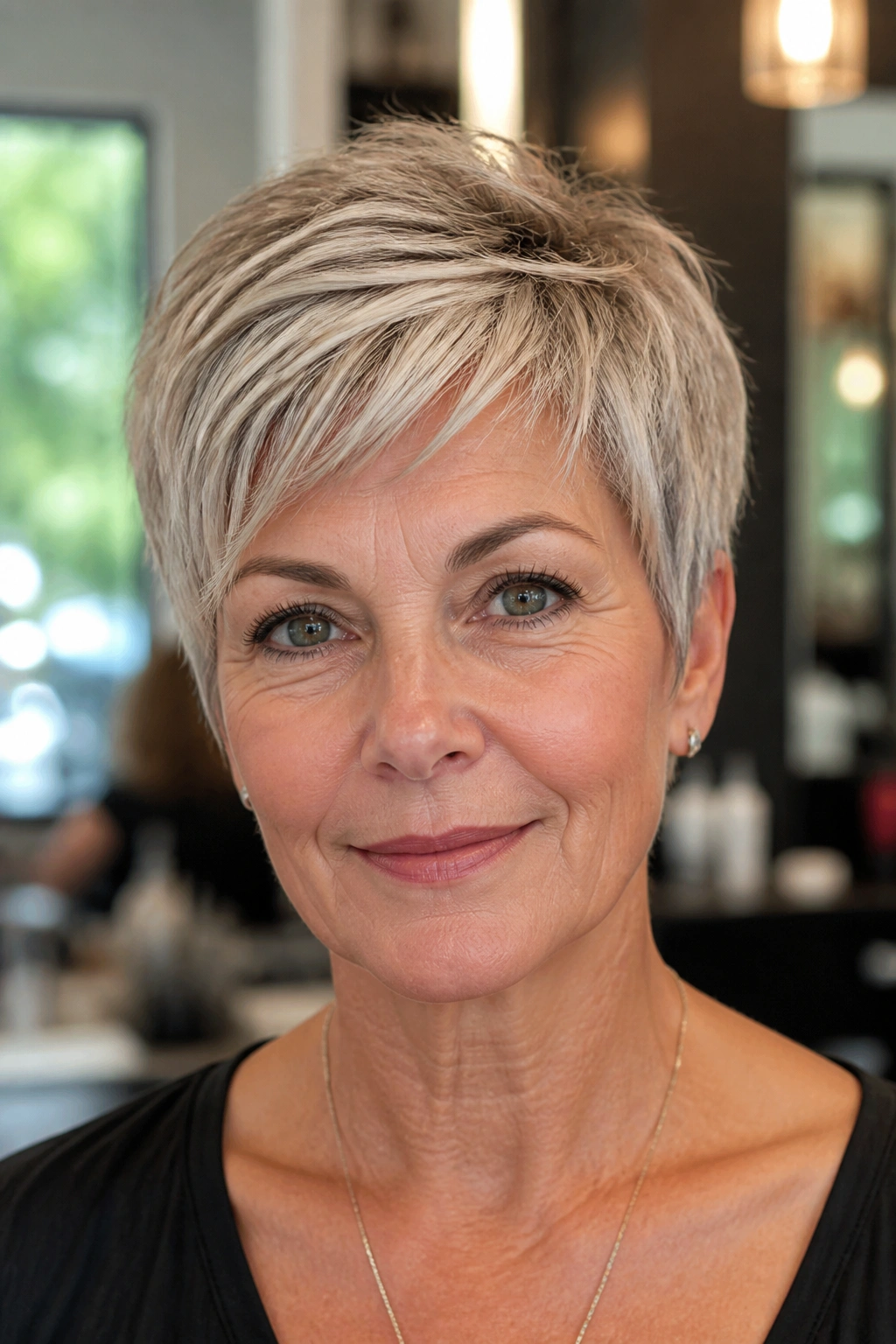Real woman featuring tapered crop with soft nape, frontal portrait in a salon setting.