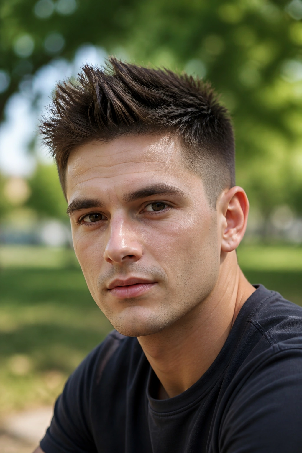 Portrait of a real person with a tapered spiky crop and crown lift in a park setting