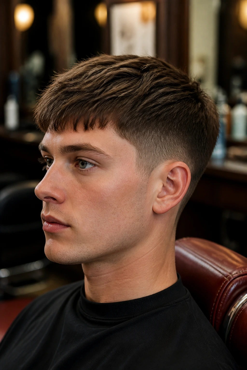 Close-up of a person with a tapered crop haircut