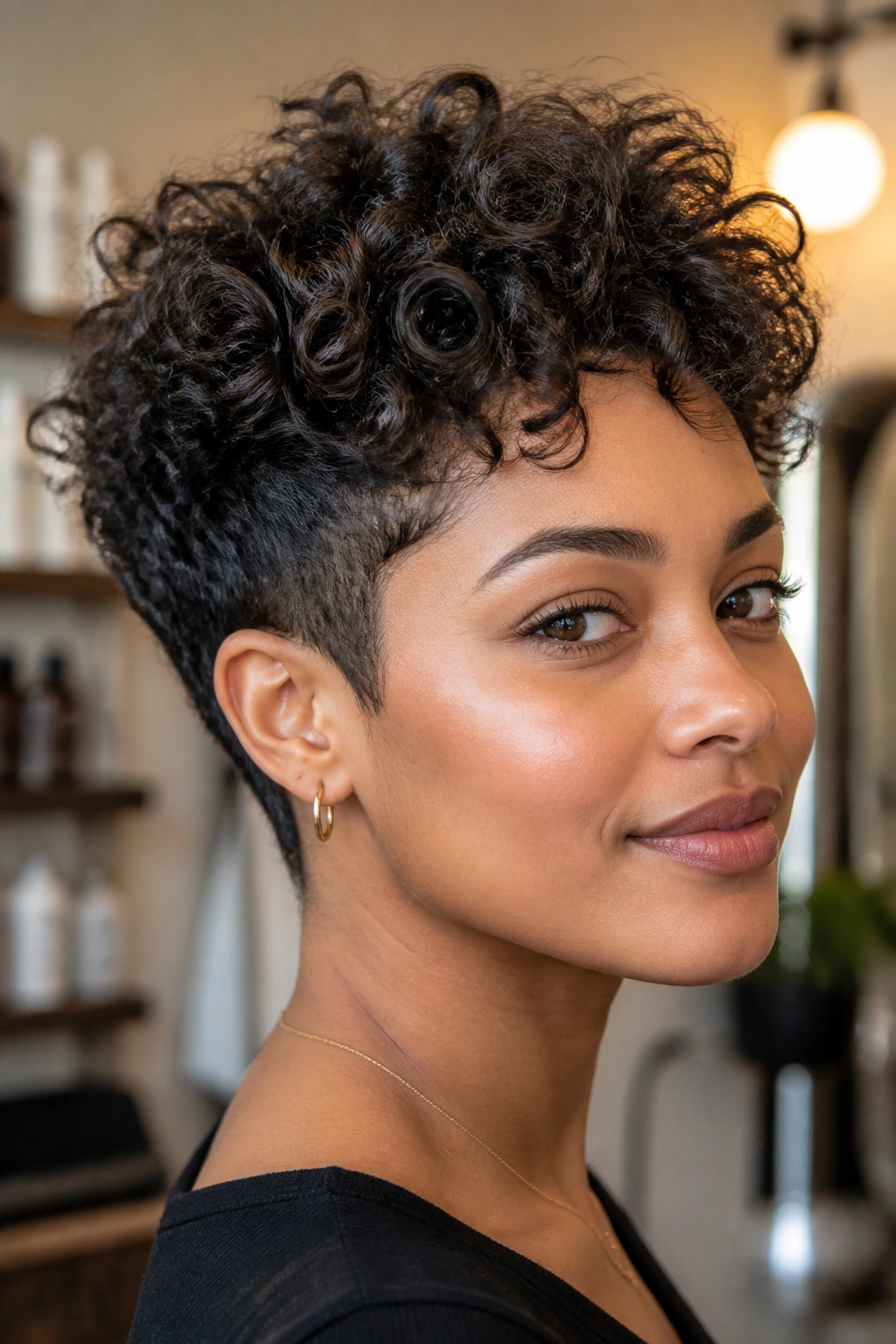 Close-up of a real woman with tapered curly cut in warm salon lighting