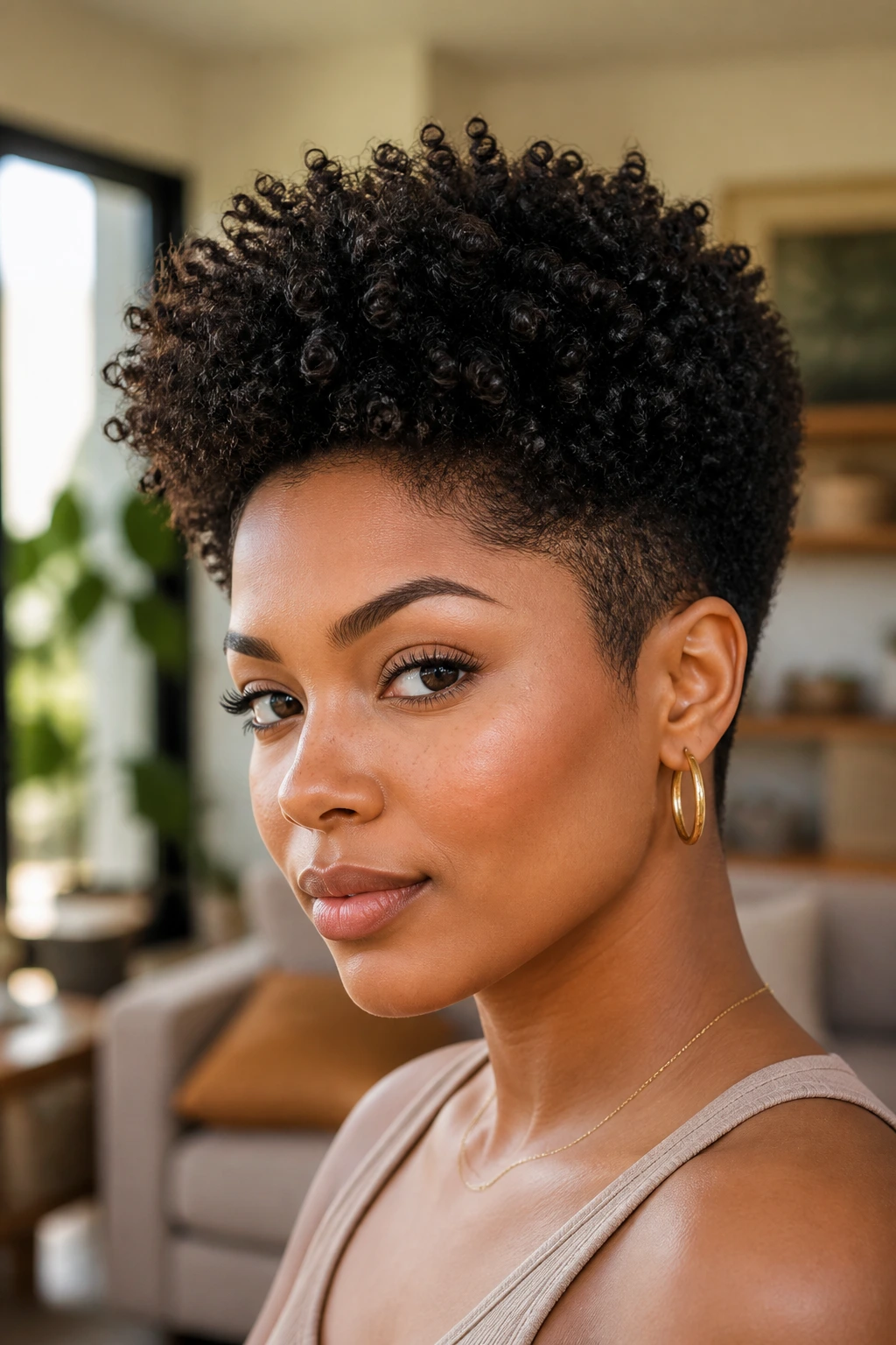 Close-up of a person with tapered natural curls and defined top.