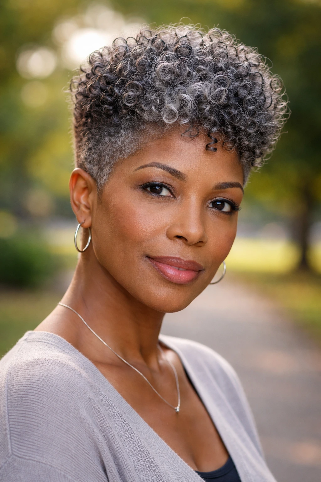 Close-up portrait of a woman with tapered natural curls and grey hair in a park
