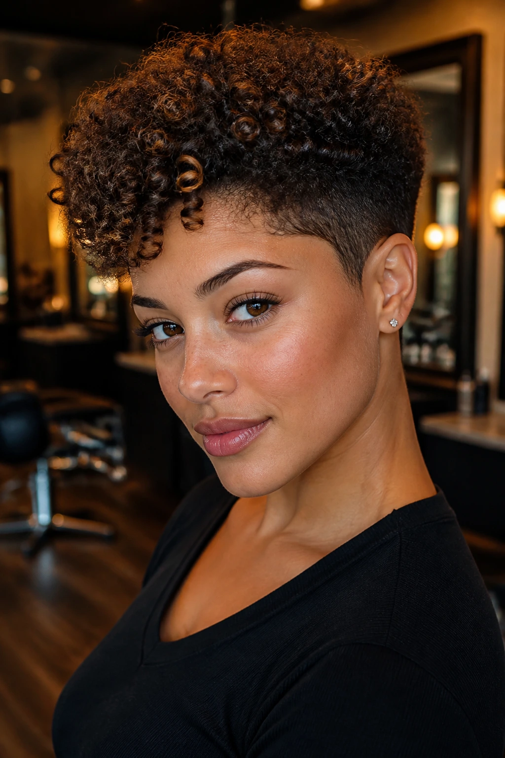 Close-up of a real person with a tapered cut for coils and dense curls in a salon