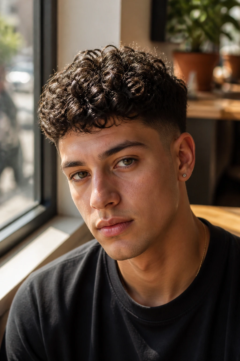 Close-up of a real person with a tapered curly crop hairstyle featuring lifted crown and neatly tapered sides.