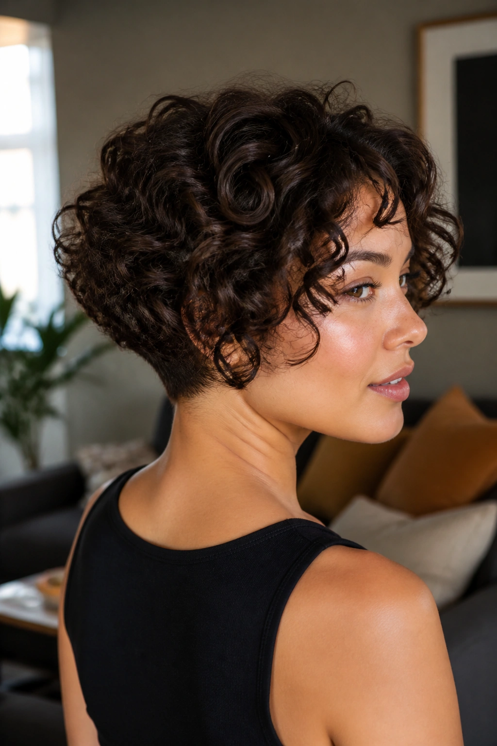 Woman with tapered curly bob and cleaner back in warm daylight