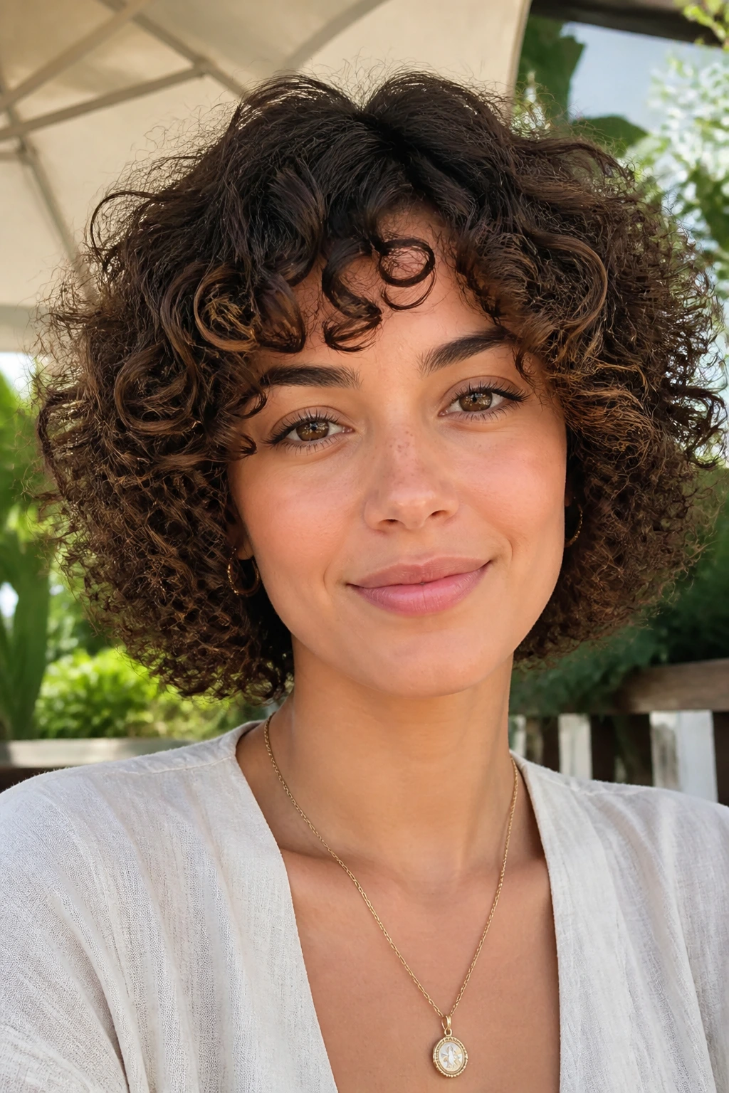 Close-up portrait of a woman with a tapered curly bob