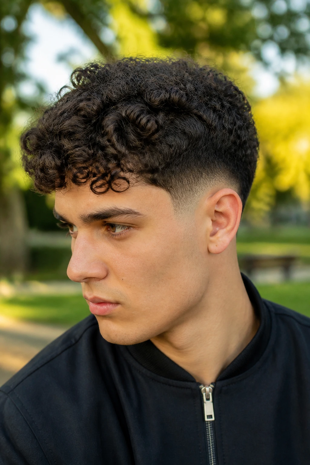 Close-up portrait of a real person with a tapered curly crop outdoors