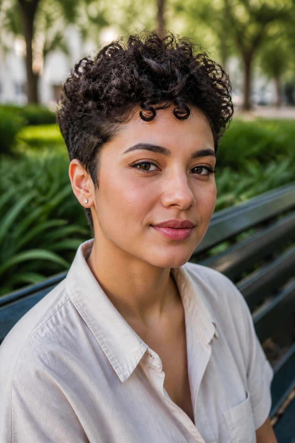 Close-up of a real person with a tapered curly crop showing crown height
