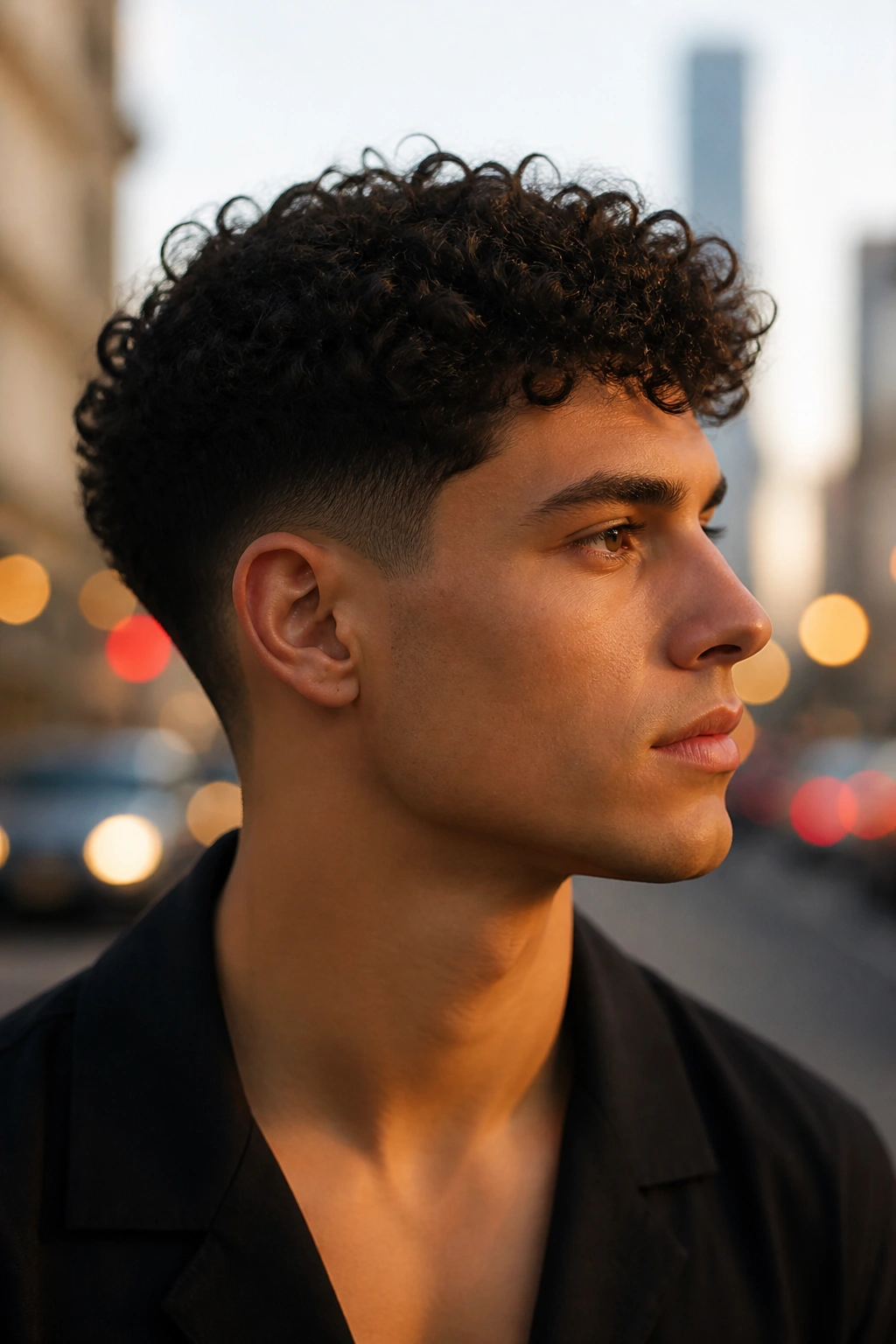 Medium close-up of real person with tapered curly crop in city street setting