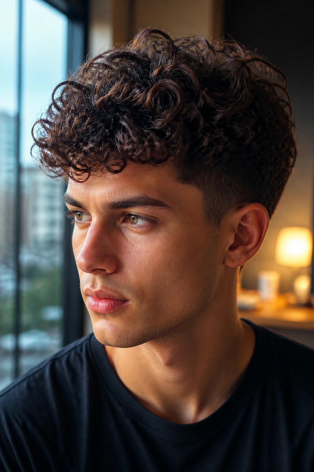 Portrait of a real person with a tapered curly cut and lifted crown, showing a clean silhouette.