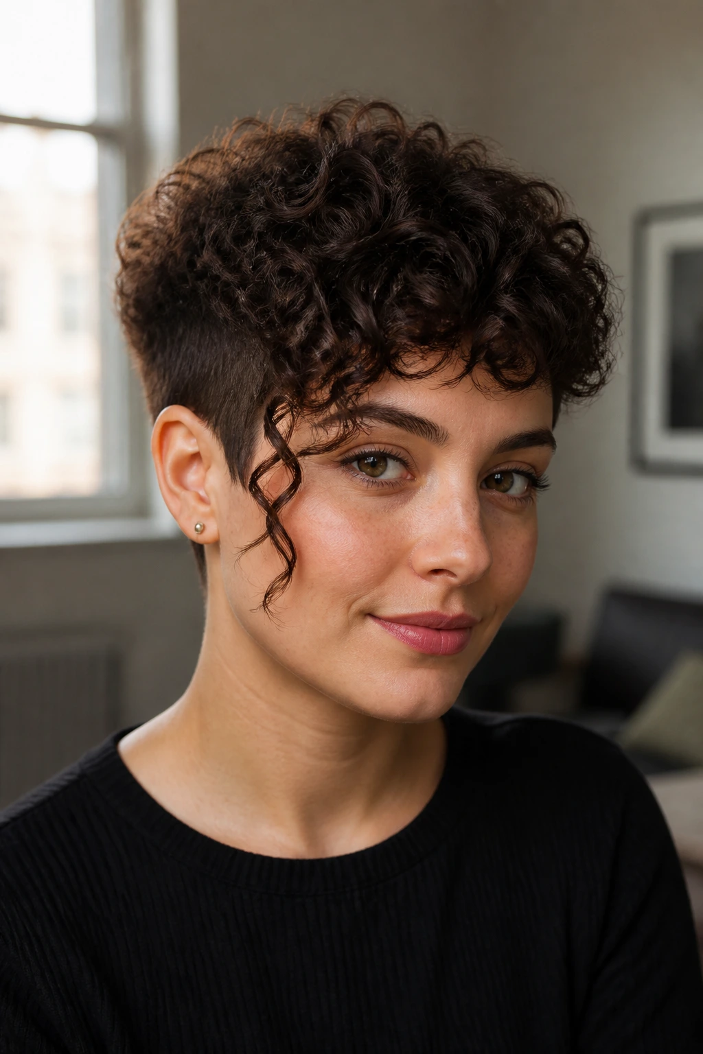 Portrait of a real person with a tapered curly cut featuring a long temple section