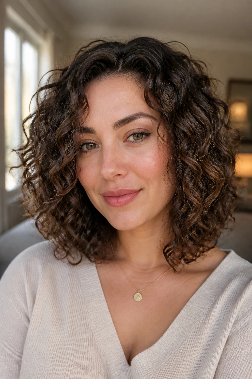 Close-up of a real woman with a tapered curly lob hairstyle facing the camera, natural light