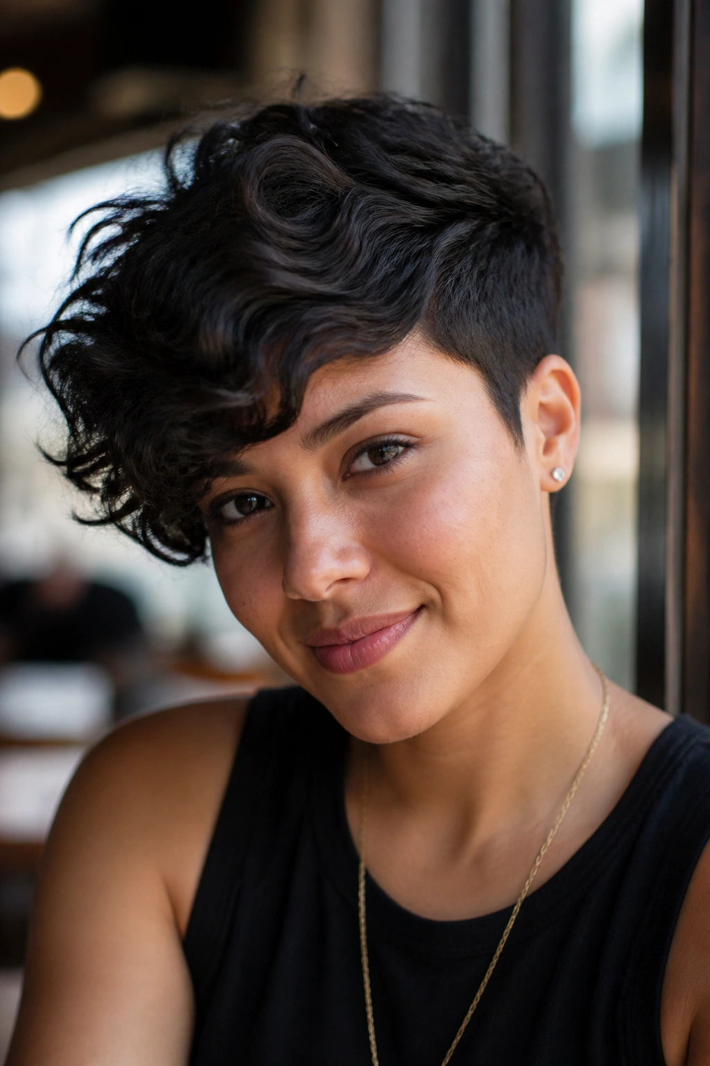 Close-up of a real woman with tapered curly pixie and sweeping bangs, cafe light