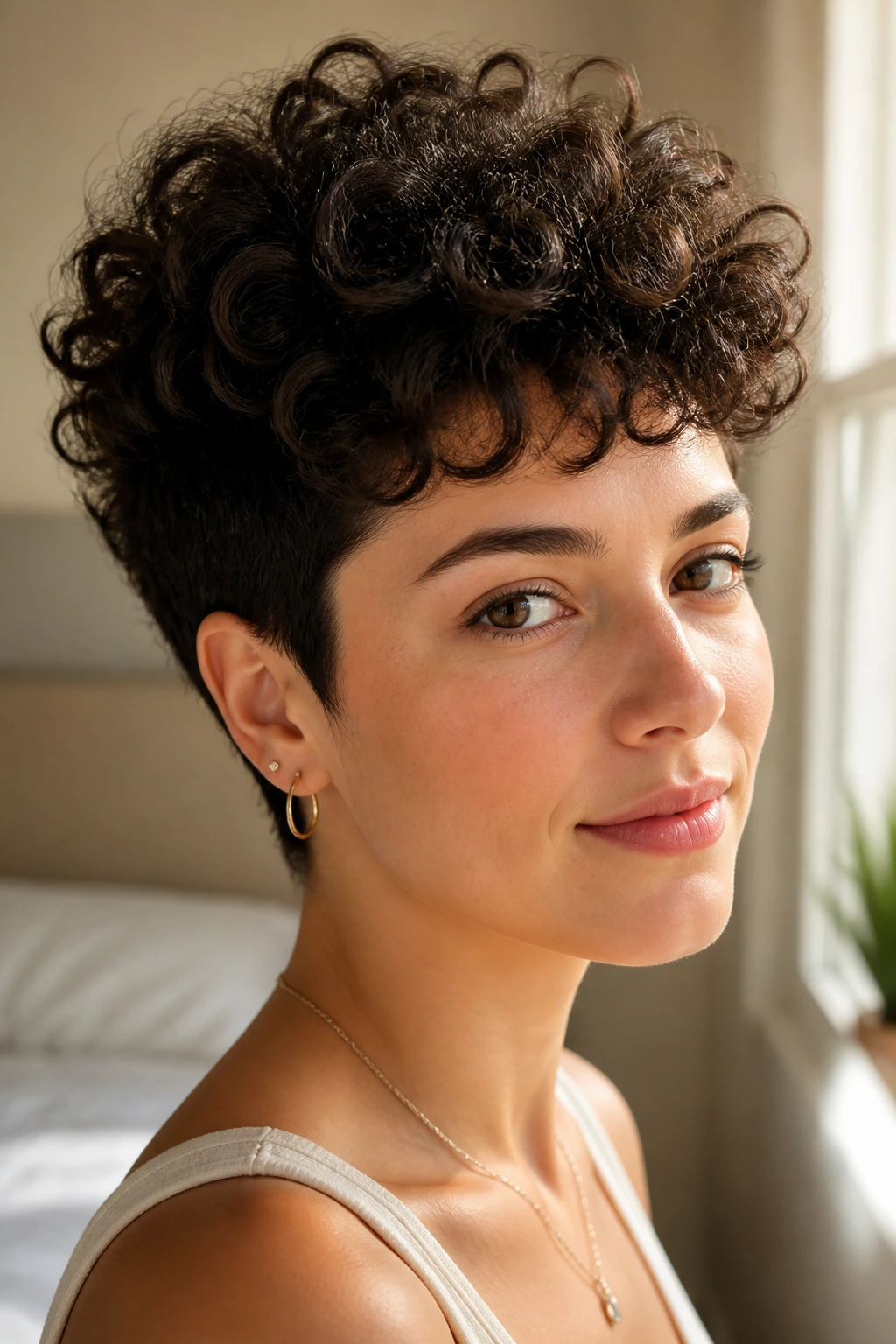 Close-up portrait of a real woman with a tapered curly pixie and crown lift