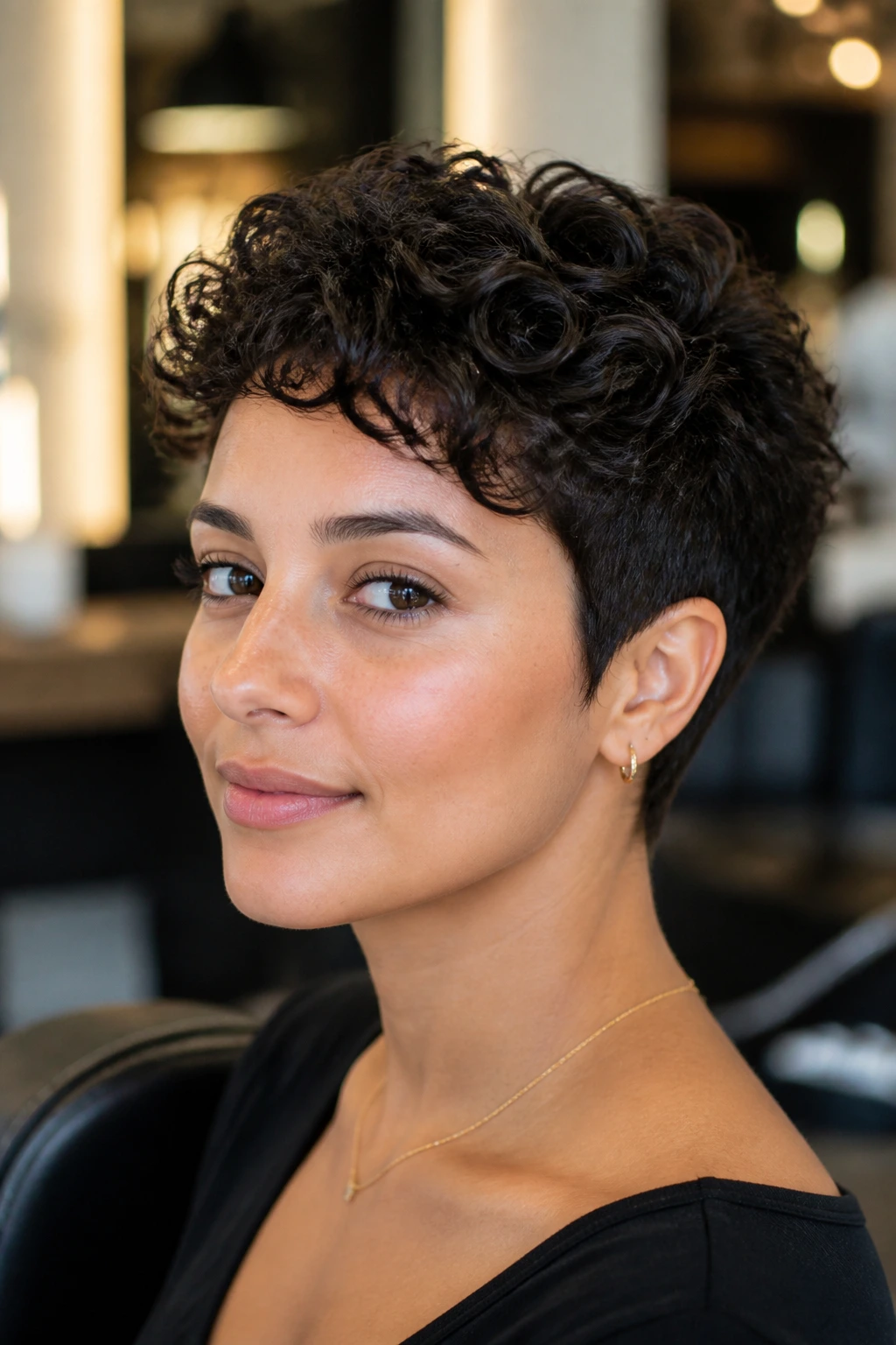 Close-up of real person with tapered curly pixie hairstyle in soft salon lighting