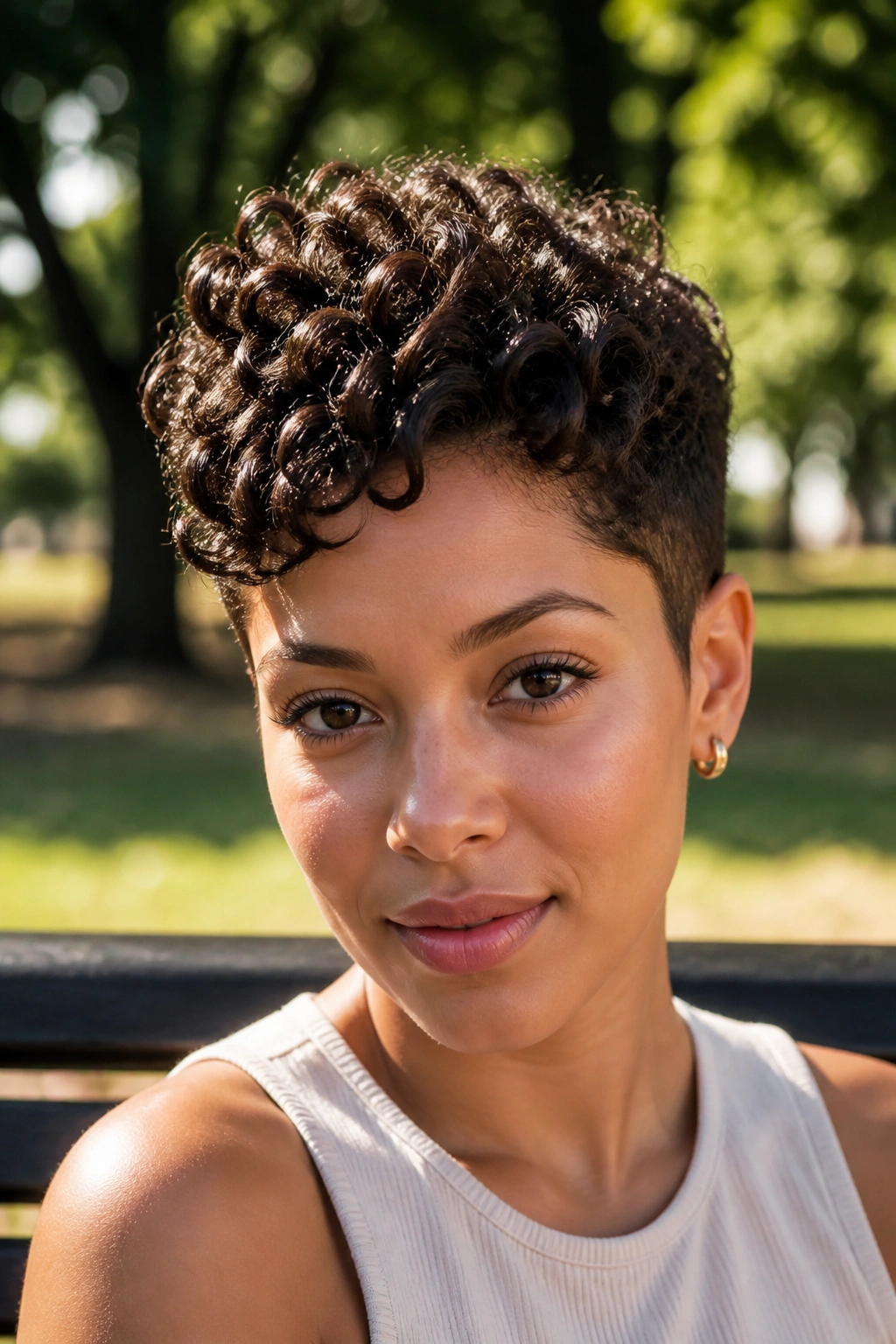 Close-up of a woman with a tapered curly pixie, top curls tall and defined, outdoors in sunlight.
