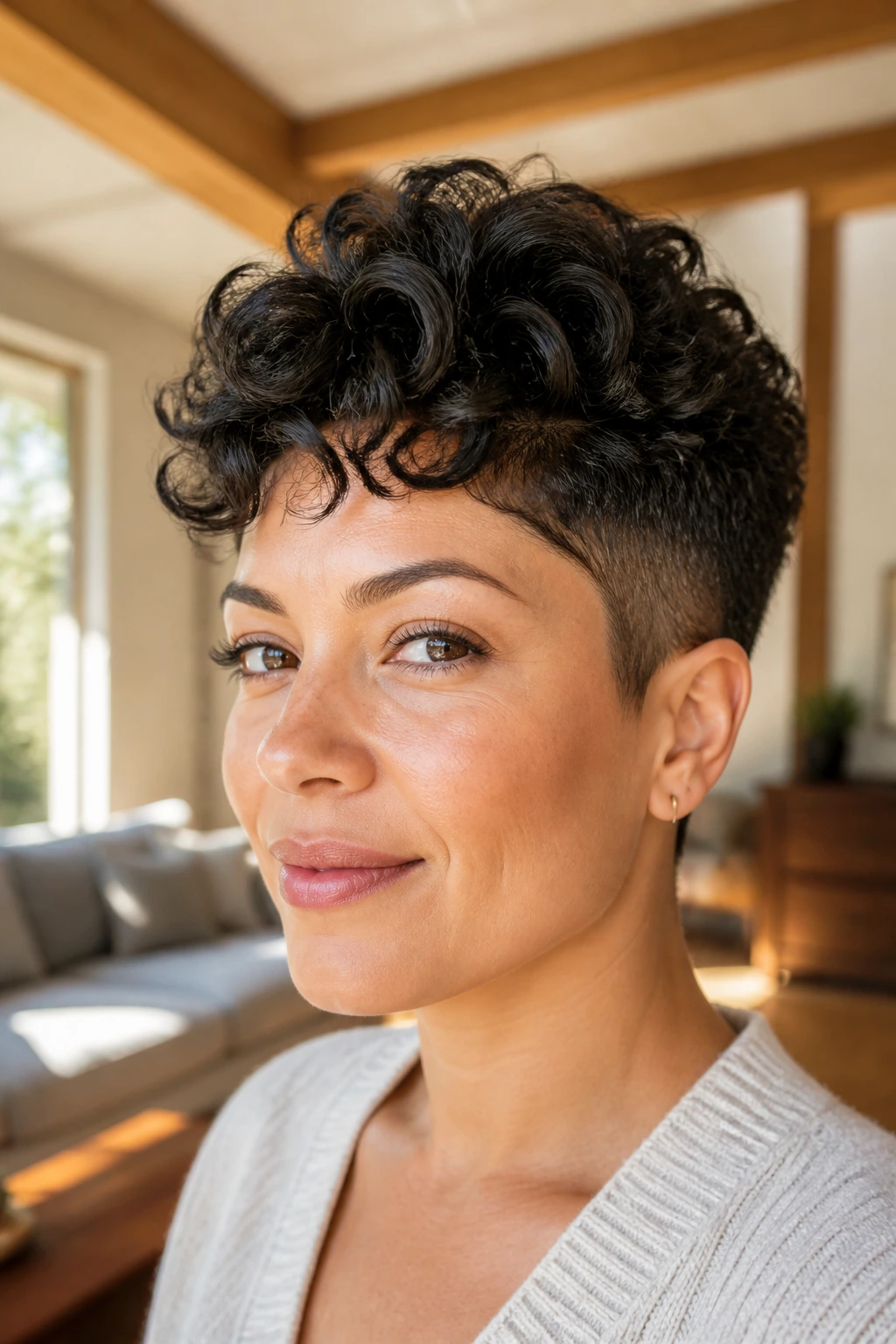 Close-up of a real woman with a tapered curly pixie hairstyle in natural light