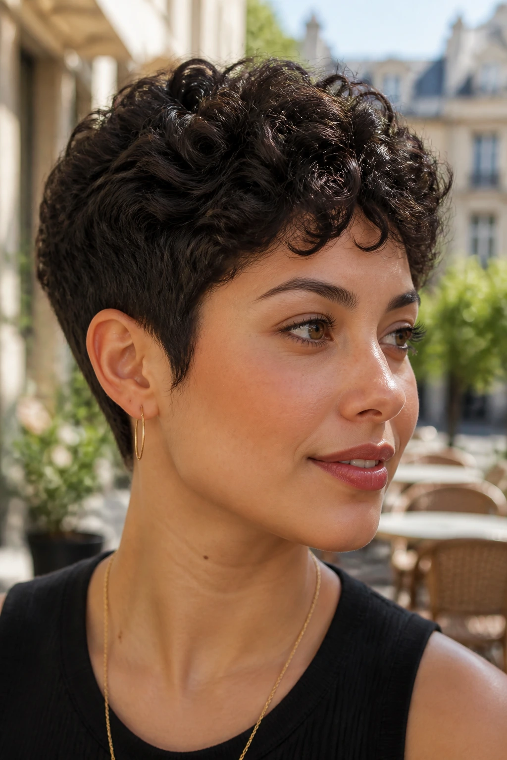 Close-up of a woman with a tapered curly pixie in a sunlit courtyard