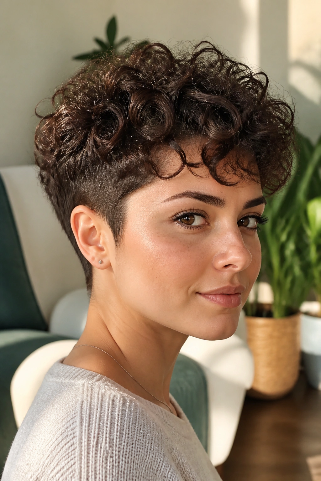 Close-up of a person with a tapered curly pixie and voluminous top.