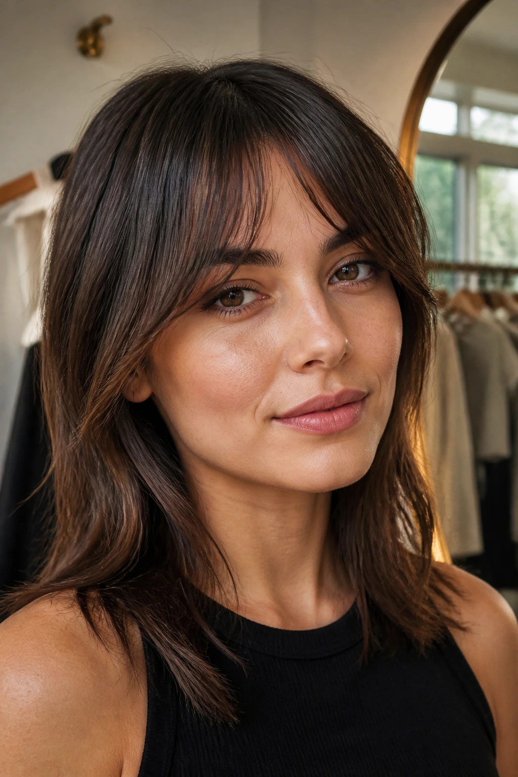 Close-up of a real woman with tapered curtain bangs in natural light