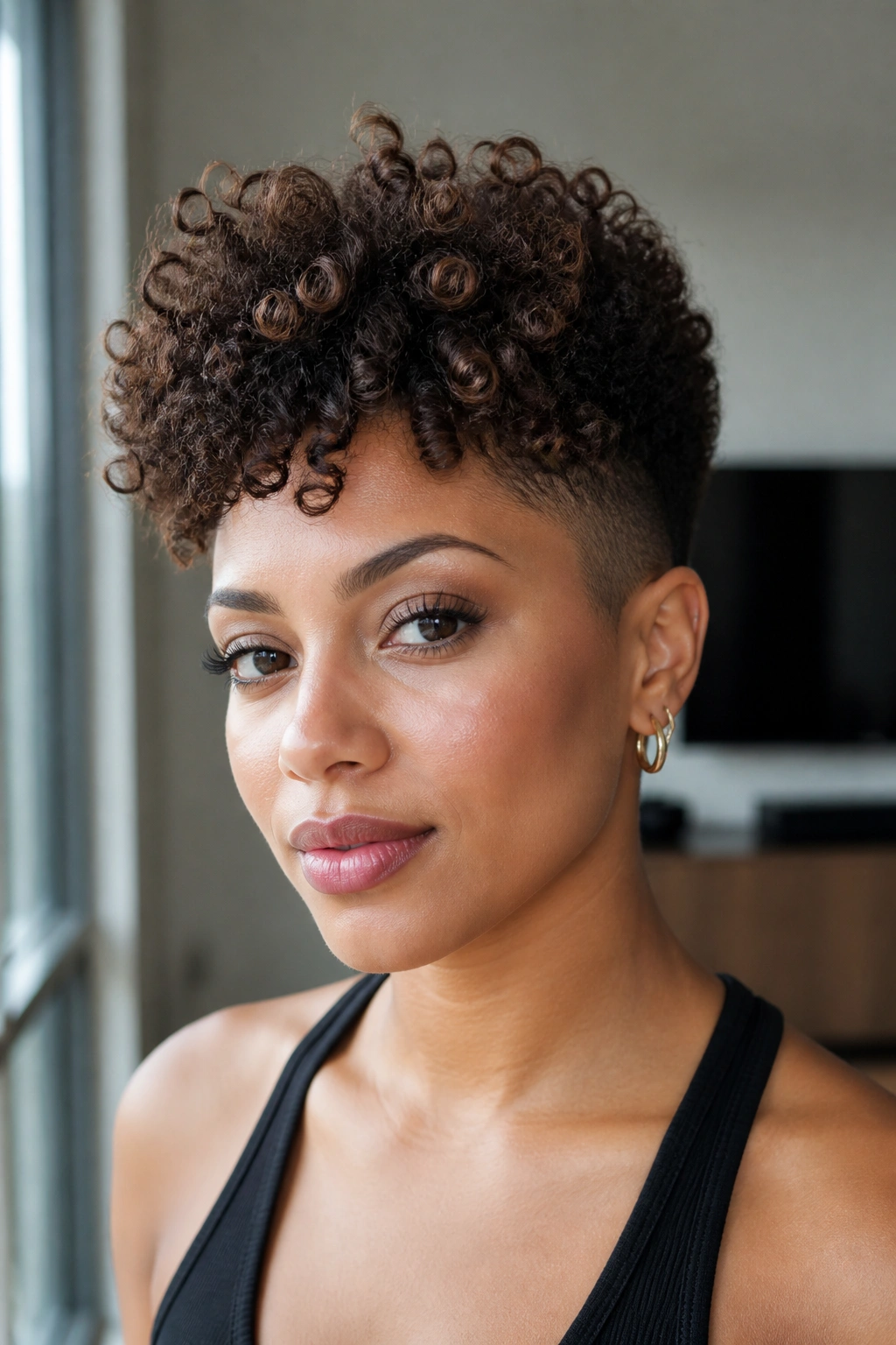 Close-up of a real woman with a tapered cut and defined curls