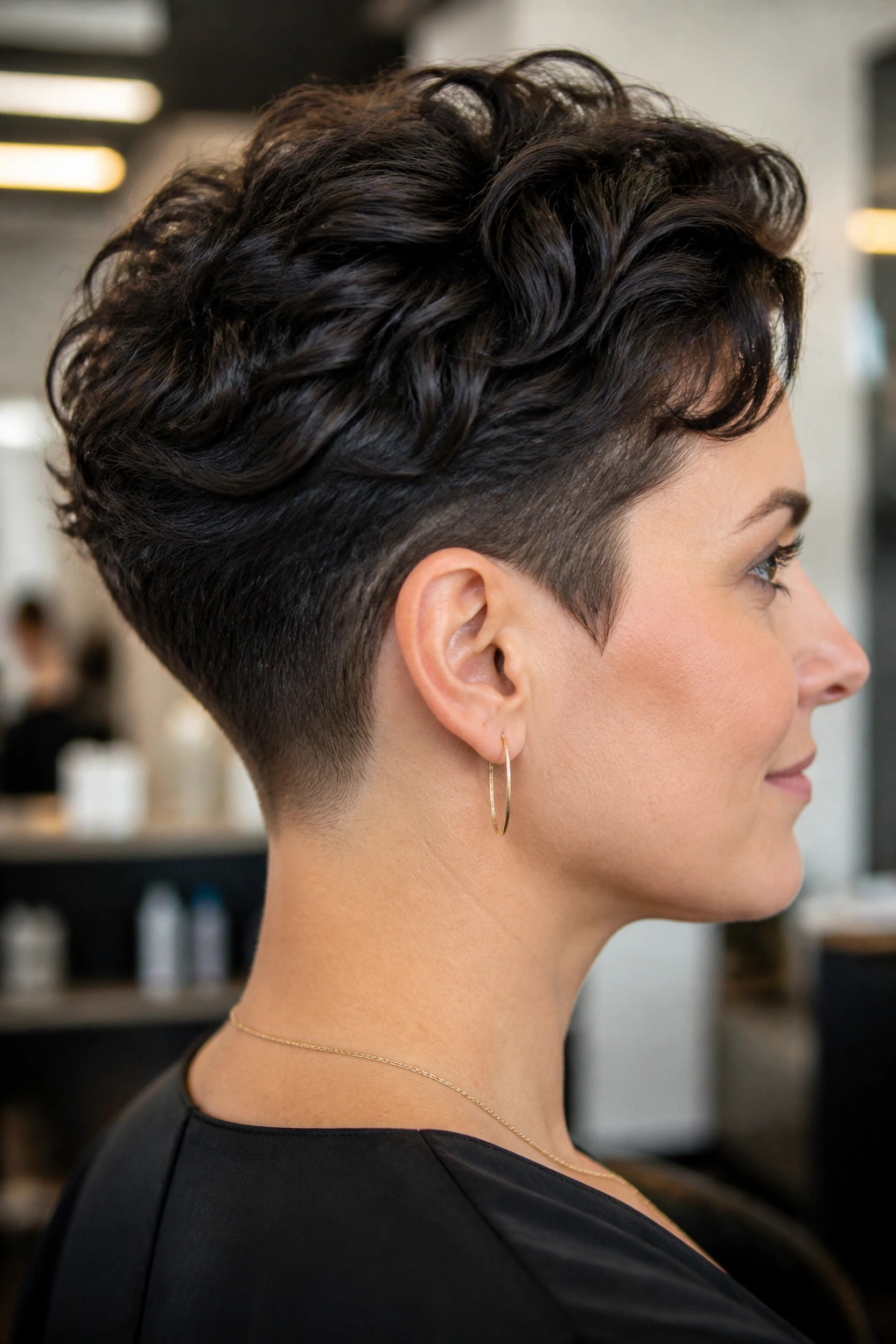 Real woman in profile showing tapered cut at nape and top height