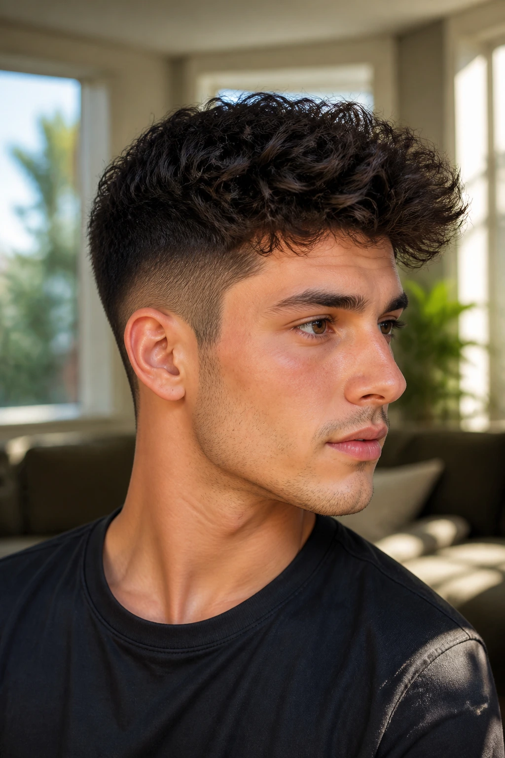Close-up of real person with a tapered cut and long top