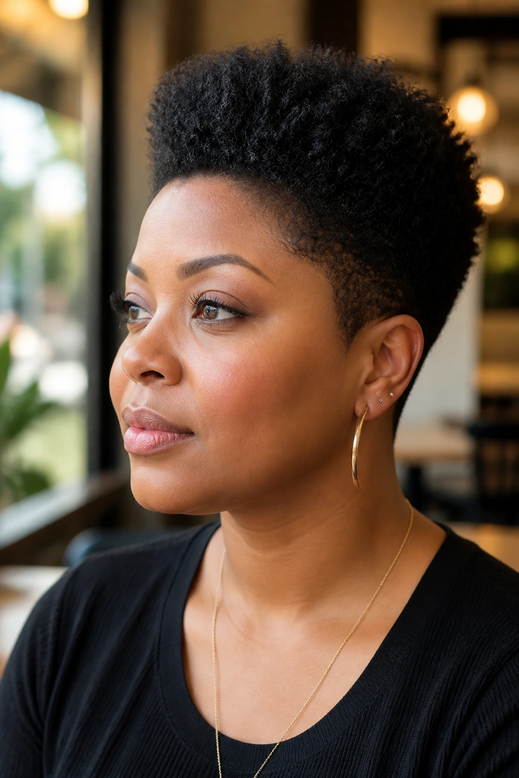 Close-up portrait of a real person with a tapered natural cut and elevated top hair