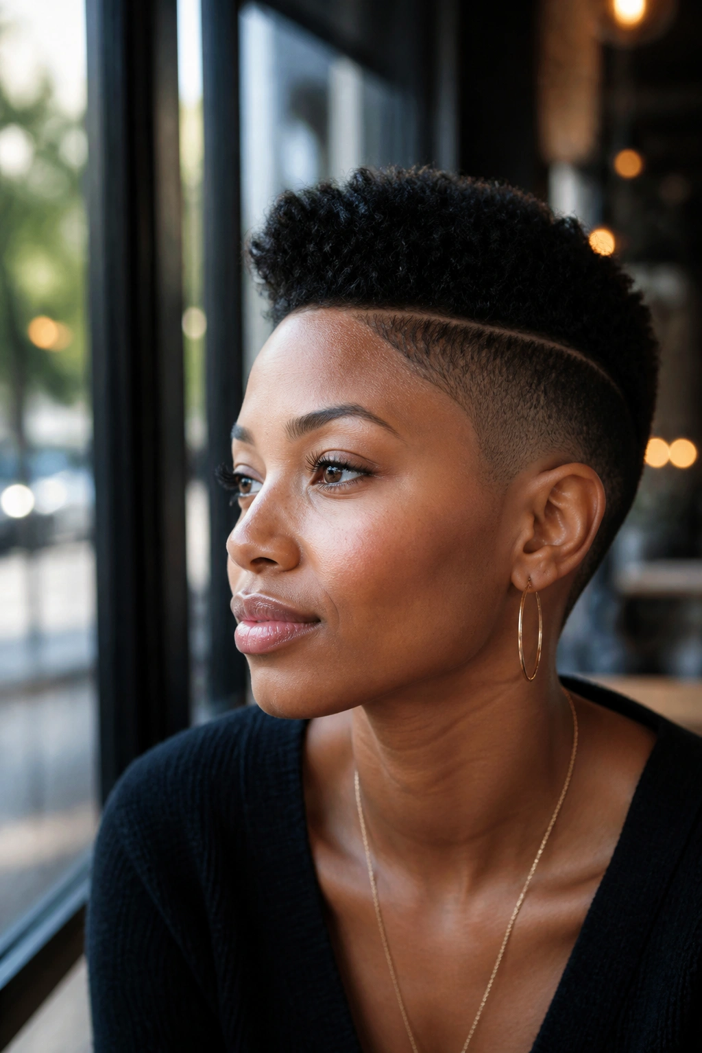 Portrait of a real woman with a tapered cut, short sides, longer top, in daylight at a cafe.
