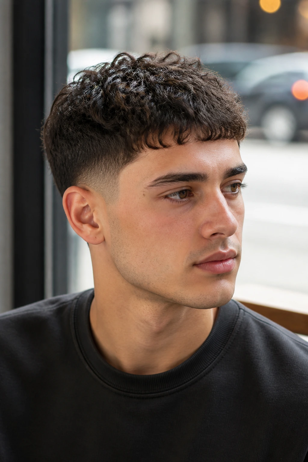 Close-up of tapered cut with short fringe on a real person in a cafe window setting
