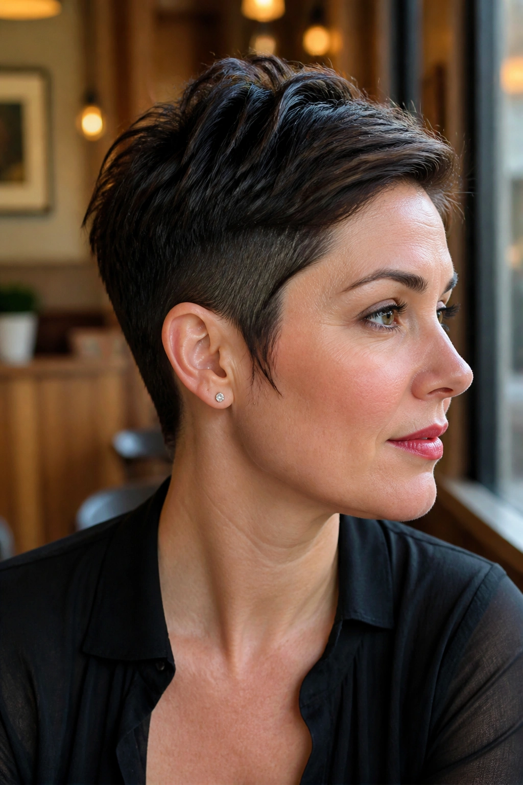 Close-up of a real woman with a tapered cut and visible sideburns in warm cafe light