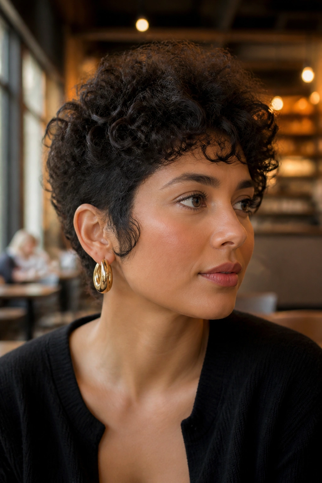 Close-up of a real person with a tapered cut and temple-length hair
