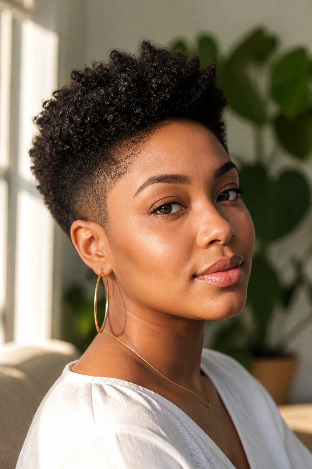 Close-up of a real person with a tapered cut and volume on top in a sunlit living room